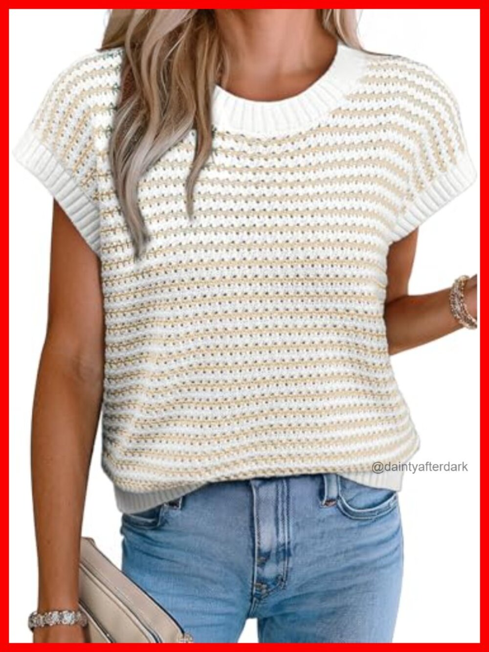 Womens Striped Cap Sleeve Sweater Vest Round Neck Ribbed Knit Tank Top